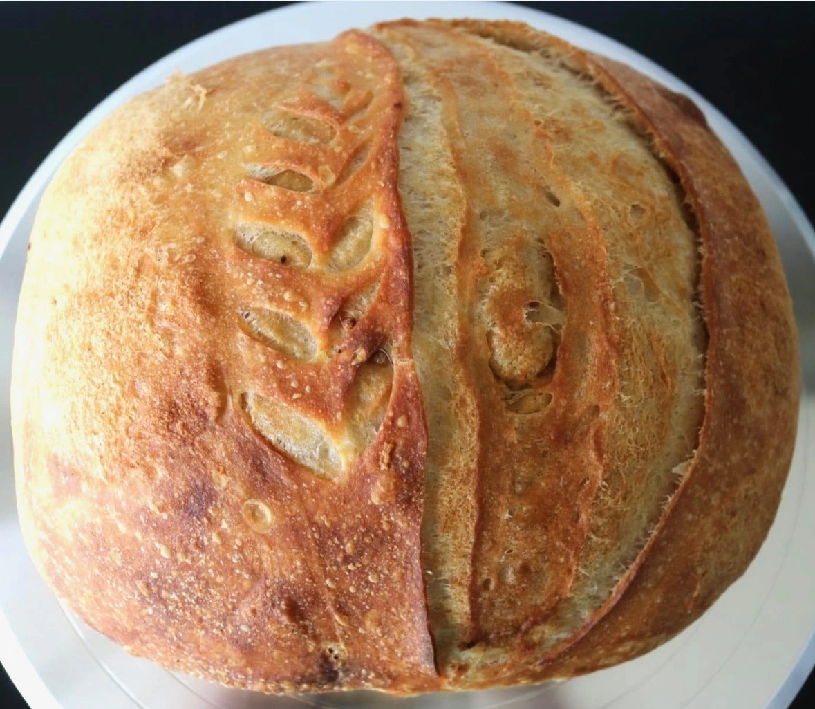 Garlic bread sourdough loaf with leaf indentation pattern on top